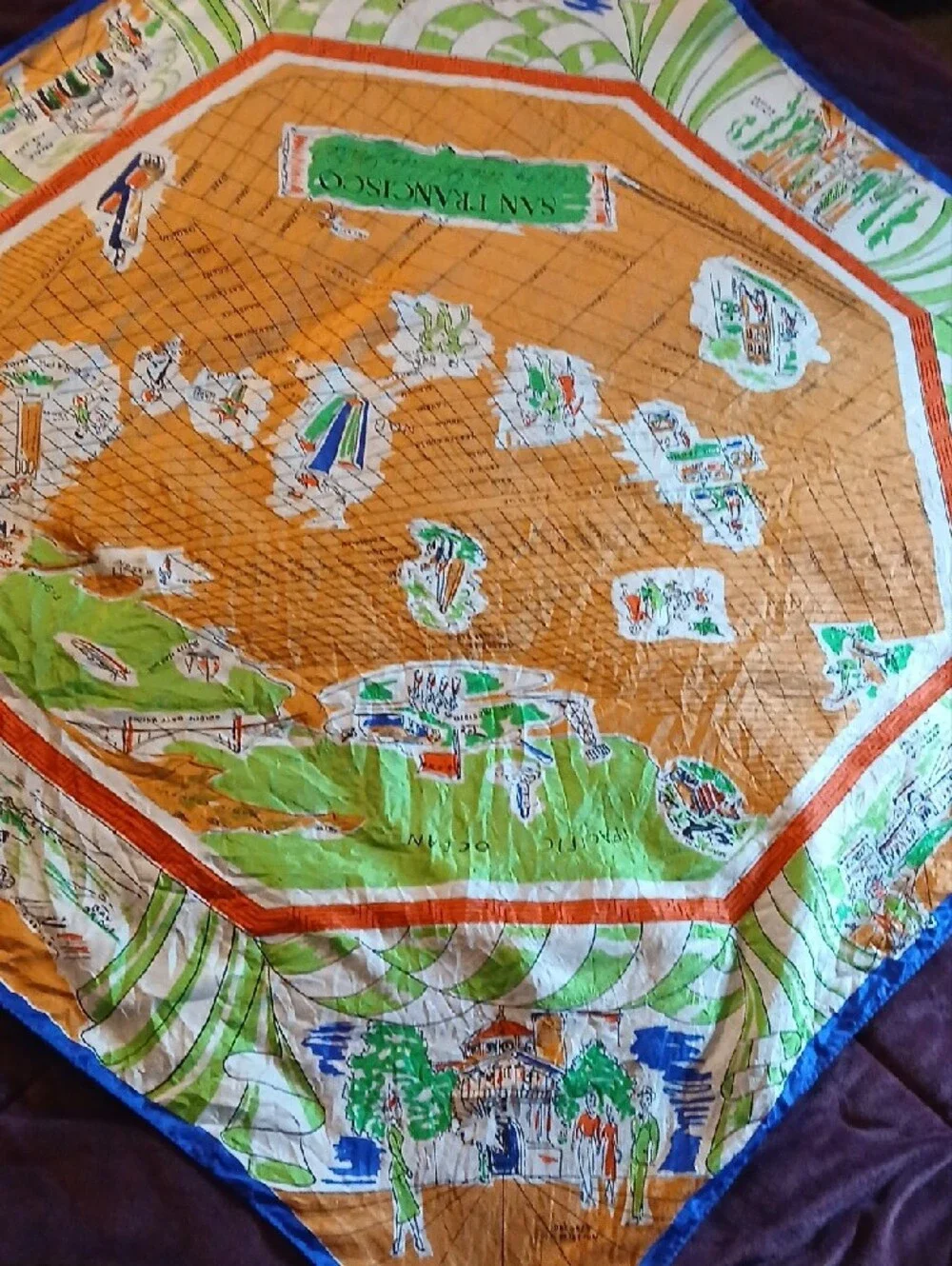 Pure Silk Hand Screened Printed San Fransico Suvenier Scarf - Vintage